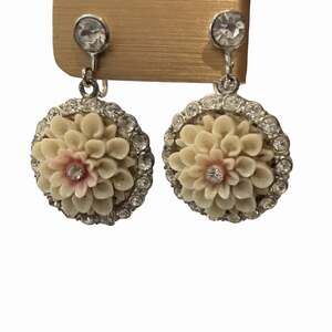Vintage Celluloid Carnation Dangle Screw Back Earrings Rhinestone Halo & Stud